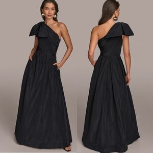 Donna Karan Taffeta One Shoulder Black Gown with Bow Shoulder Size 16 New!